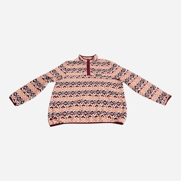 Lands End Heritage Quarter Snap Fleece Pullover Large Burgundy Orange Fair Isle - Picture 5 of 14